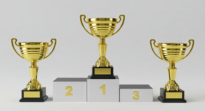 Three gold trophies sit atop a tiered platform labeled 1 2 and 3 against a neutral background