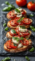 a close-up of bruschetta topped with sliced tomatoes, fresh mozzarella, basil, and a sprinkle of seasoning on a dark slate surface.