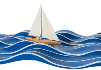 Elegant wooden sailboat glides across vibrant blue stylized waves, symbolizing journey, freedom, and aspirational voyages towards new horizons and success.