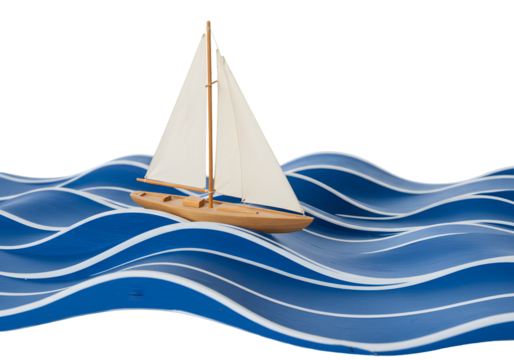Elegant wooden sailboat glides across vibrant blue stylized waves, symbolizing journey, freedom, and aspirational voyages towards new horizons and success.