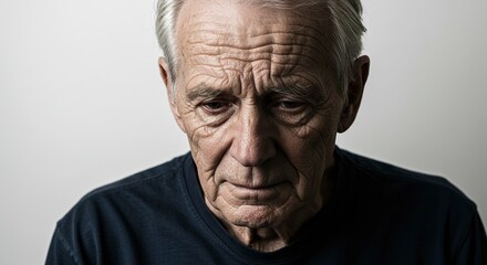 An elderly man with grey hair and wrinkles looks downwards with a melancholic expression