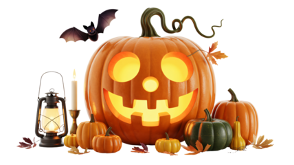 Spooky Halloween pumpkin lantern scene with happy jack-o'-lantern smile