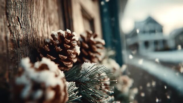 Close up of frosted pinecones and greenery against a blurred winter scene