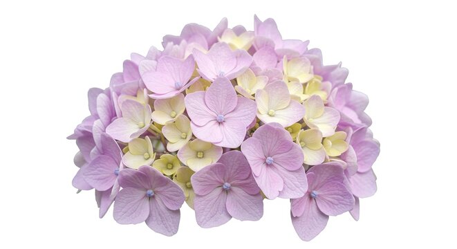 Light purple yellow hydrangea flower cluster with delicate petals subtle texture set against a white background - Powered by Adobe