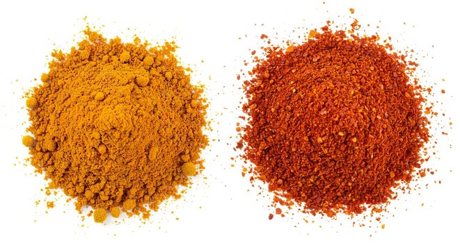 Two piles of spices one yelloworange powder the other red flakes against a white background - Powered by Adobe
