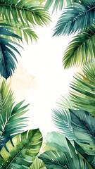Watercolor image of lush green tropical leaves forming a border