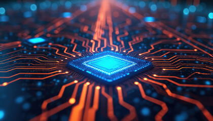 Abstract tech photo of computer processor. Circuit board with microchip, data flow concept. Electronic tech background. Digital transformation and innovation tech design.