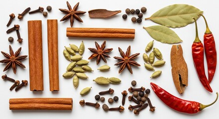 Assorted spices cinnamon sticks star anise cardamom bay leaves chili peppers cloves and peppercorns on white surface