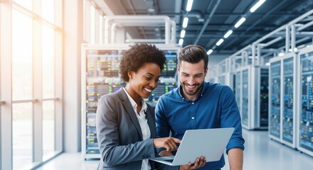 Diverse IT professionals collaborating in a modern data center. A man and woman work together on a laptop in a server room. Teamwork and technology concept