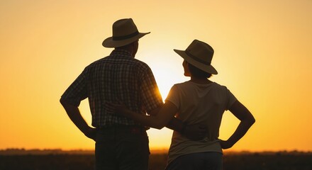 Silhouette of a farming couple embracing in a field at sunset. Man and woman looking at the horizon. Agriculture and partnership concept