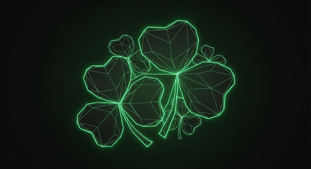 Neon Green Wireframe Shamrock Cluster on Dark Background Lucky Clover Symbol Digital Art St Patricks Day Design