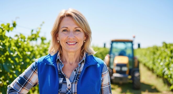 Portrait of a smiling mature female farmer in a vineyard. Confident woman standing with a tractor in the background. Agriculture and small business concept