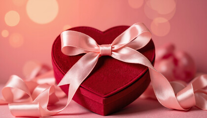 Red heart-shaped gift box with pink ribbon on soft background for Valentine's Day celebration