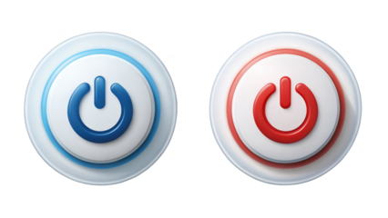 Two power buttons isolated on transparent background, one blue and one red color