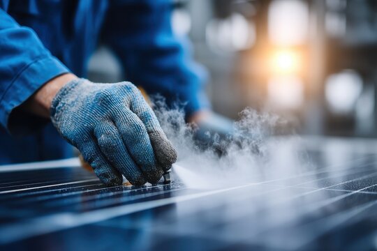 Gloved worker handling a solar panel on an assembly line, with steam or dust rising during inspection or fabrication in a manufacturing facility.