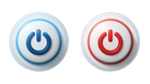 Two power buttons isolated on transparent background, one blue and one red color