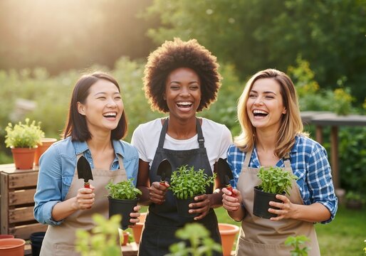 Three diverse women friends laughing while gardening together outdoors. Happy multiethnic group planting seedlings in a sunny farm garden. Community and hobby concept