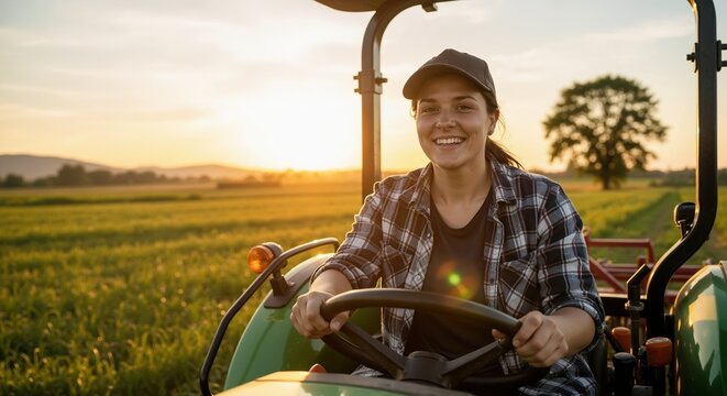 Young woman farmer smiling while driving a tractor in a field at sunset. Modern agriculture and rural lifestyle concept