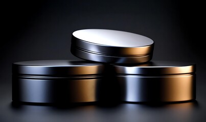 Sleek Metallic Cosmetic Tins with Modern Minimalist Design on Dark Background