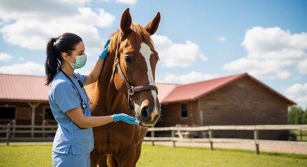 Female veterinarian examining a brown horse on a rural farm. Equine vet providing medical care and a health checkup. Animal healthcare concept