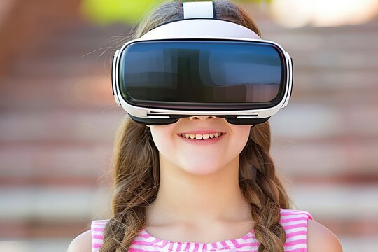 Young girl with braided hair smiling while wearing a VR headset outdoors, enjoying an immersive virtual reality experience.