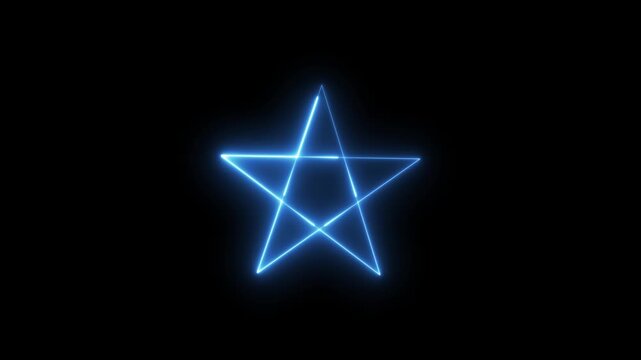 Dynamic neon blue glowing five-pointed star animation forming on a solid black background, symbolism, spirituality, abstract concept, magic, or achievement