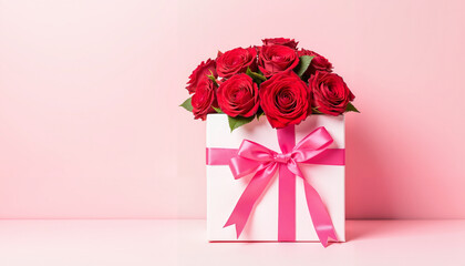 Valentine's Day gift box with red roses and pink ribbon on pink background with copy space