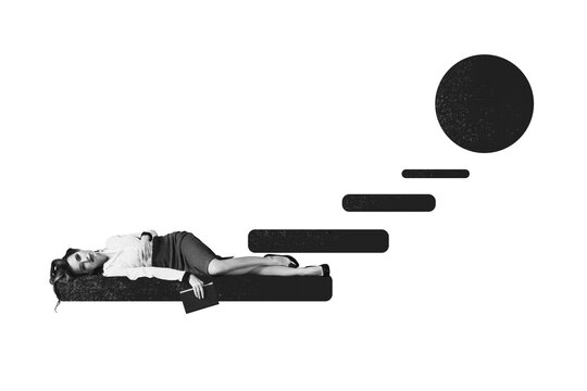 Composite photo collage of unhappy businesswoman lay career ladder problem crisis recession tiredness isolated on painted background