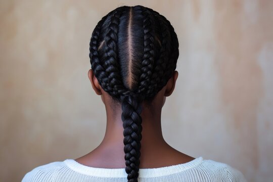 Black woman showcasing a neat cornrow hairstyle with a long braid, a classic African protective fashion style