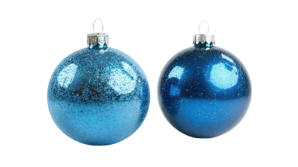 Two blue oval christmas ornaments isolated on transparent background