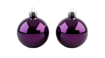 Two shiny purple oval christmas ornaments isolated on transparent background