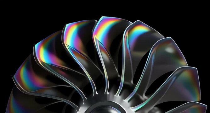 Closeup of a turbocharger turbine wheel with iridescent rainbow colors reflecting on its blades against a dark background