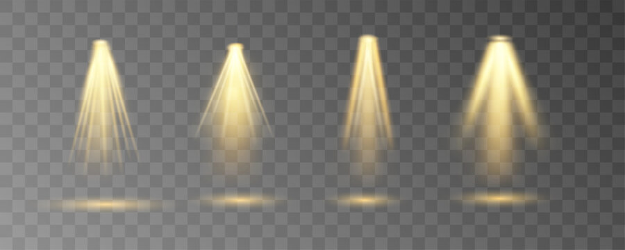 A full set of stage spotlights arranged in symmetry, all glowing in warm yellow tones. Light rays converge in the middle, highlighting a central focal point. Perfect for drama and show visuals.