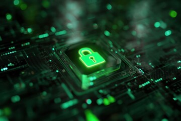 Futuristic circuit background with glowing green security lock