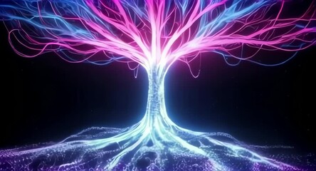 Abstract glowing tree of light with roots spreading on a dark background, vibrant neon colors, digital art - Powered by Adobe