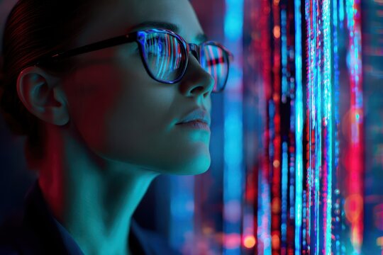 Futuristic woman in glasses views vibrant digital data streams