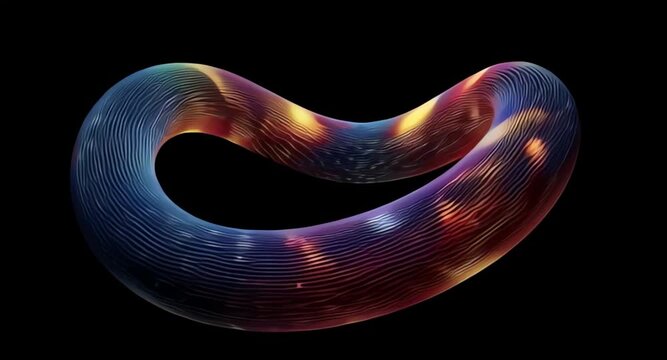 Abstract 3d rendering of a colorful torus shape with intricate texture and glowing highlights on a black background