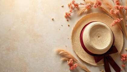 Straw sun hat with dried flowers and pampas grass sits on a beige textured background. Elegant summer accessory with ribbon tie, flat lay, copy space. Rustic, boho chic style.