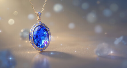 Beautiful sapphire locket piece of elegant jewelry. This luxurious decor shines on dreamy golden background