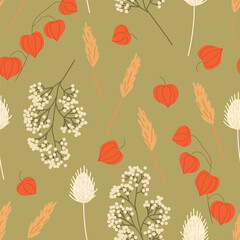 Wheat stalks white berries and orange physalis pods arranged on an olive green seamless background in flat style Perfect for seasonal packaging fabric and decor