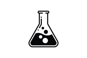 Simple black and white icon of a chemistry flask with bubbles