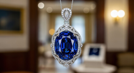 Elegant blue sapphire and diamond pendant necklace piece of luxury jewelry. Beautiful indoor background with warm decor