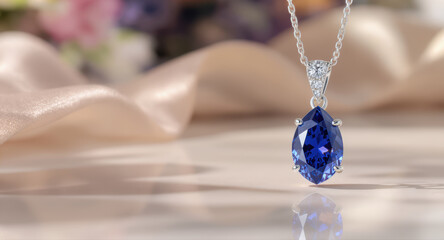 Elegant blue sapphire pendant jewelry luxury necklace. Romantic gemstone decor making beautiful accessory or gift