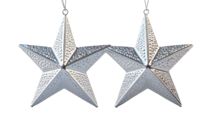 Two decorative silver stars hanging isolated on transparent background
