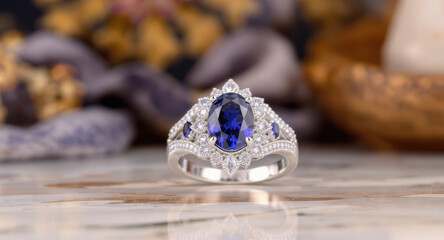 Elegant luxury sapphire diamond ring jewelry precious gemstone. stunning piece for wedding decor feeling of pure love
