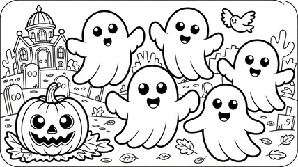Fototapeta premium Spooky Halloween ghosts haunting a pumpkin patch near an old house