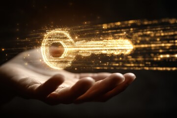 Hand Holding Digital Key Symbol with Glowing Data Streams