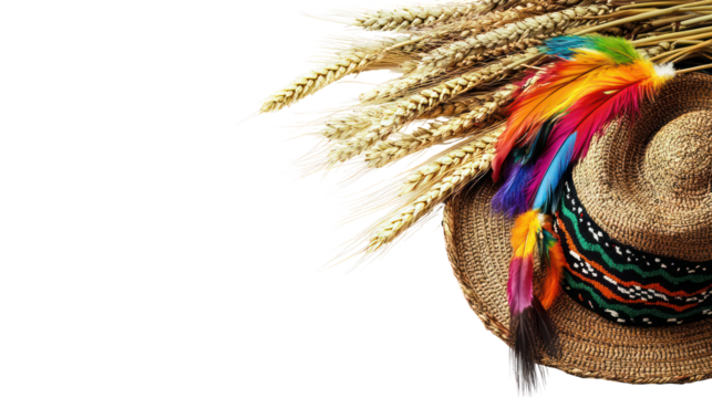 Boho style straw hat decorated with wheat and colorful feathers isolated on transparent background - Powered by Adobe