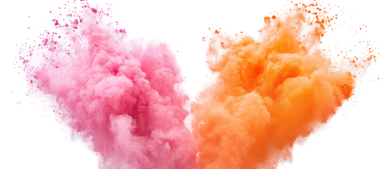 Two vibrant clouds of pink and orange powder exploding isolated on transparent background