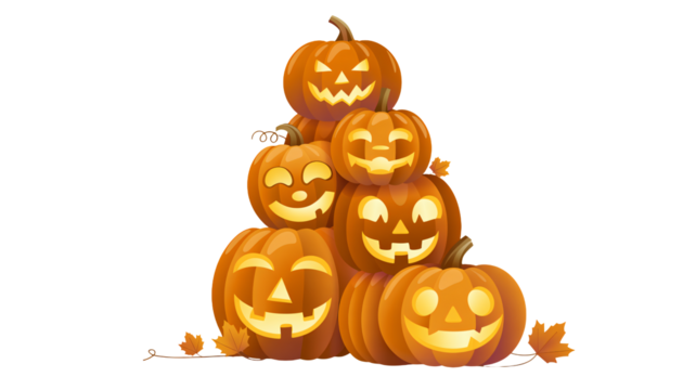 Spooky jack-o'-lanterns stacked high for festive Halloween season